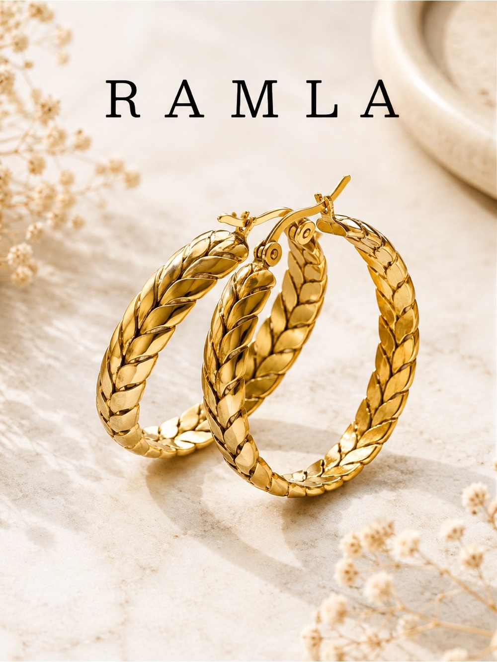 NEW Ramla Jewelry 18K Gold Plated Braided Hoop Earrings 1”